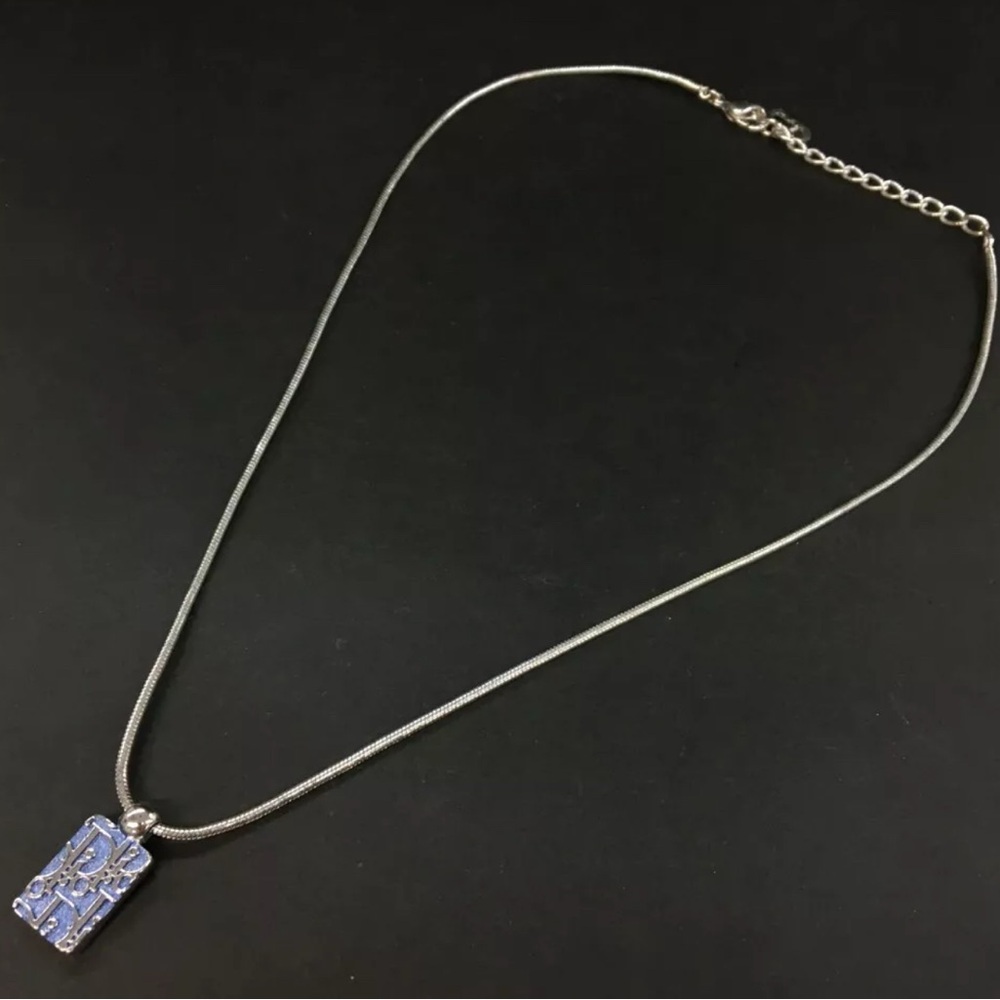 Authentic Christian Dior Trotter Oblique & Bling Silver Tone Pendant Necklace